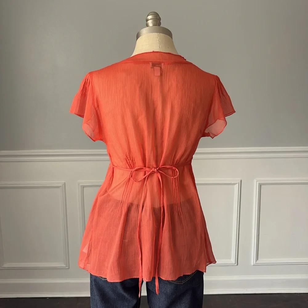 Mimi Maternity Chiffon Empire Waist Flutter Sleeve Blouse Coral Orange M NWOT
